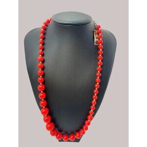 Vintage Genuine Lucite Lipstick Red Beaded Necklace Made In Hong Kong 24 "